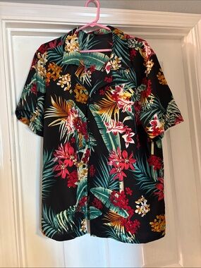 Men's Black Tropical Floral Camp Shirt - Bold Red & Green Print